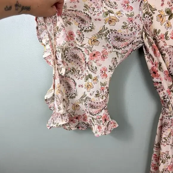 Dress Forum Floral Paisley Chiffon Ruffle Angel Sleeve Mini Dress V-Neck Small - Picture 4 of 7
